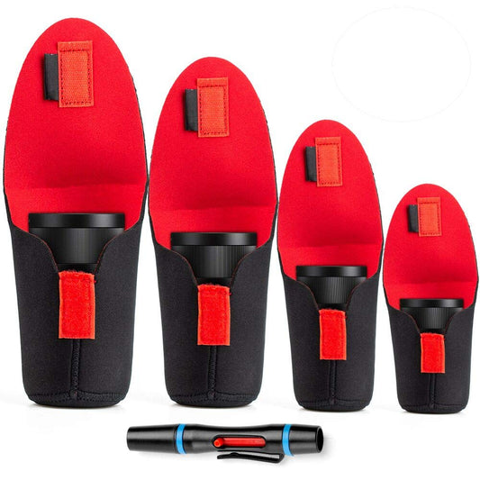 Lens Pouch Set - Soft Neoprene Travel Carry Protective Case Cover Sleeve for Canon Nikon Sony Panasonic Pentax Olympus DSLR Camera Lens With Cleaning