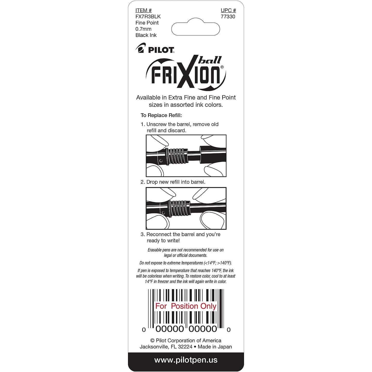 Pilot, FriXion Ball Gel Ink Refills for Erasable Pens, Fine Point 0.7 mm, Erasable Pen Refills, Pack of 3, Black