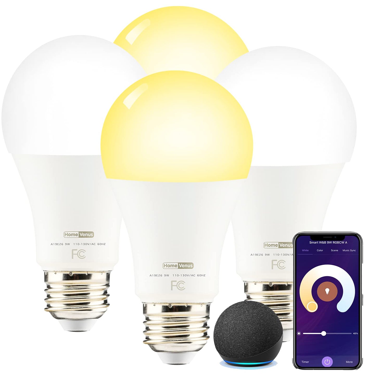 Homevenus HVS Smart Light Bulbs,9W A19 E26 Dimmable Tunable Cool Warm White LED Light Bulb 2500k-6500k, APP Control 2.4GHz WiFi Bluetooth Assist
