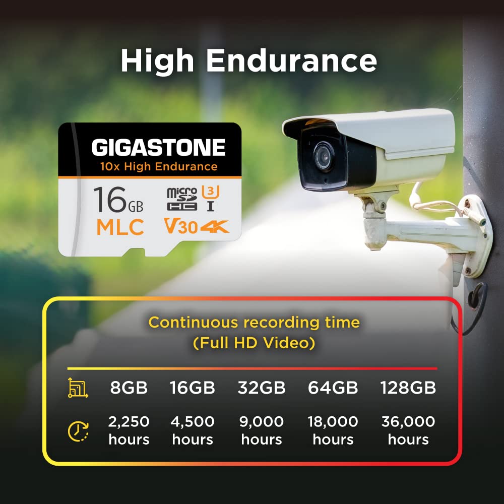 [10x High Endurance] GIGASTONE Industrial 16GB MLC Micro SD Card, 4K Video Recording, Security Cam, Dash Cam, Surveillance Compatible 95MB/s, U3 C10