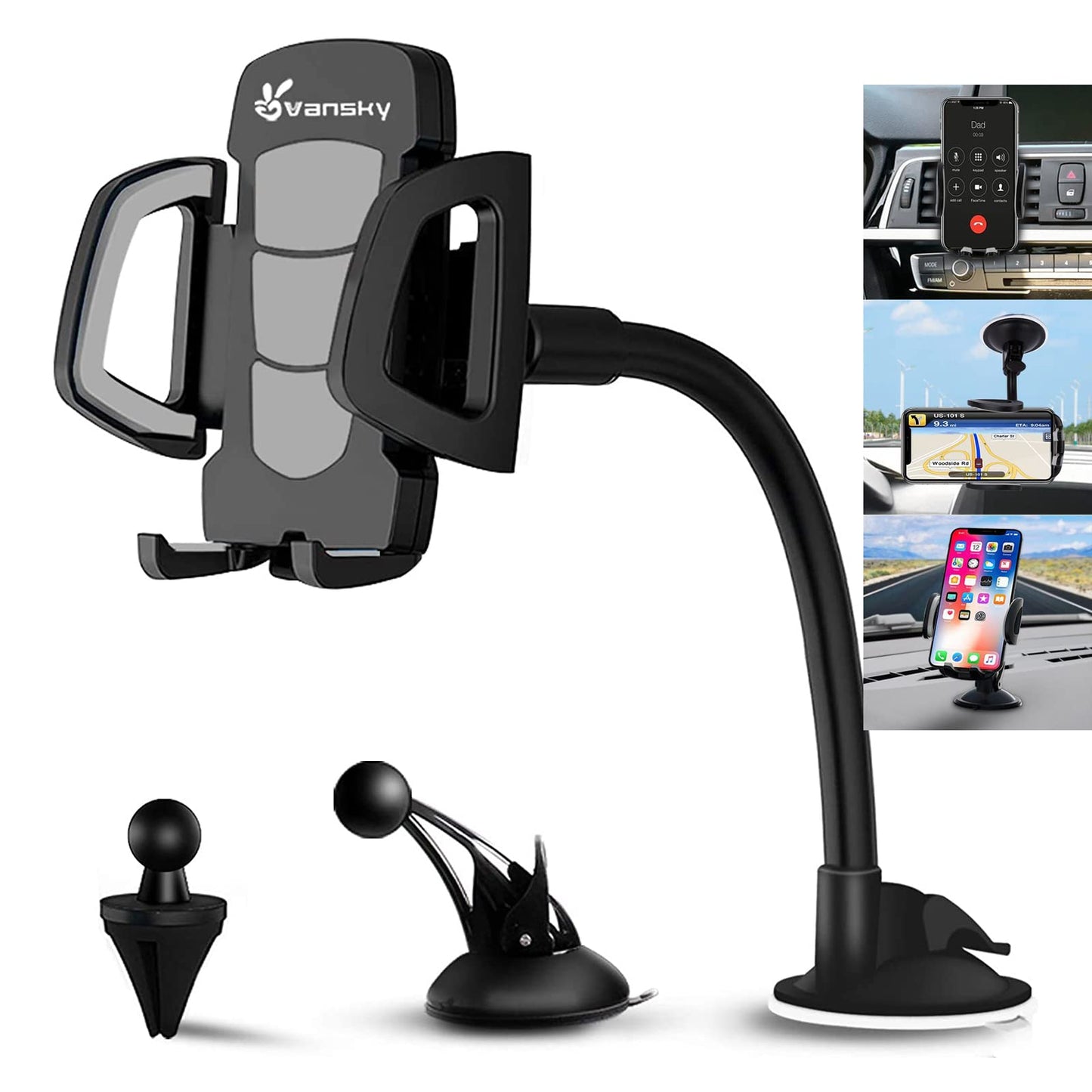 Vansky Car Phone Holder Mount, 3-in-1 Universal Cell Phone Holder Car Air Vent Holder Dashboard Mount Windshield Mount Fit for iPhone 17 16 15 14 13