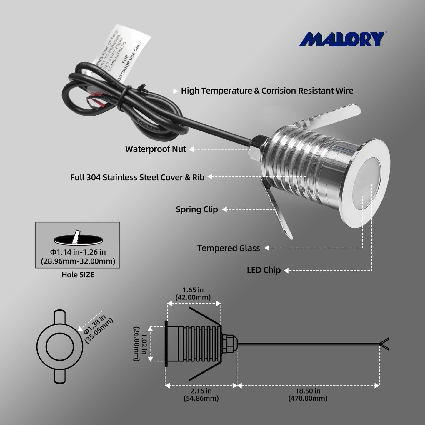 MALORY Low Voltage Deck Light 6-Pack, 1W 80 Lumens Landscape Lighting, ?35 mm Recessed LED Outdoor Step Stair Lights, Full 304 Stainless Steel Deck