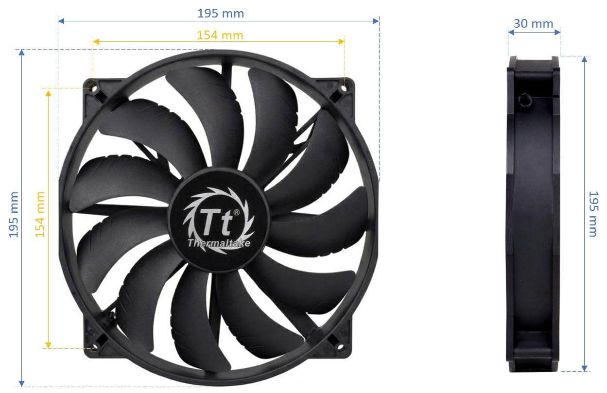 Thermaltake 200mm Pure 20 Series Black 200x30mm Thick Quiet High Airflow Case Fan with Anti-Vibration Mounting System Cooling CL-F015-PL20BL-A