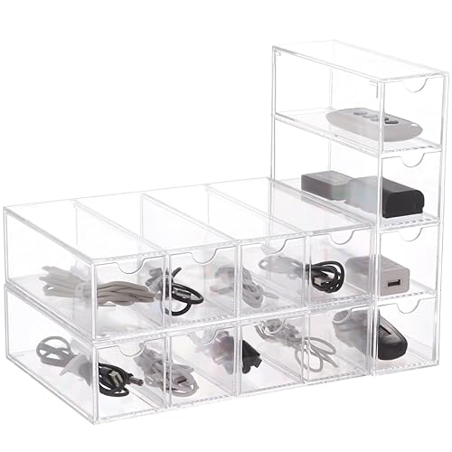 3 Pack 4-tier Clear Plastic Cable Organizer Drawer, Acrylic Sunglasses Organizers, Cable Management Box, Power Cord Storage Boxes with 30 Elastic