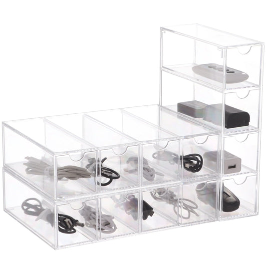 3 Pack 4-tier Clear Plastic Cable Organizer Drawer, Acrylic Sunglasses Organizers, Cable Management Box, Power Cord Storage Boxes with 30 Elastic