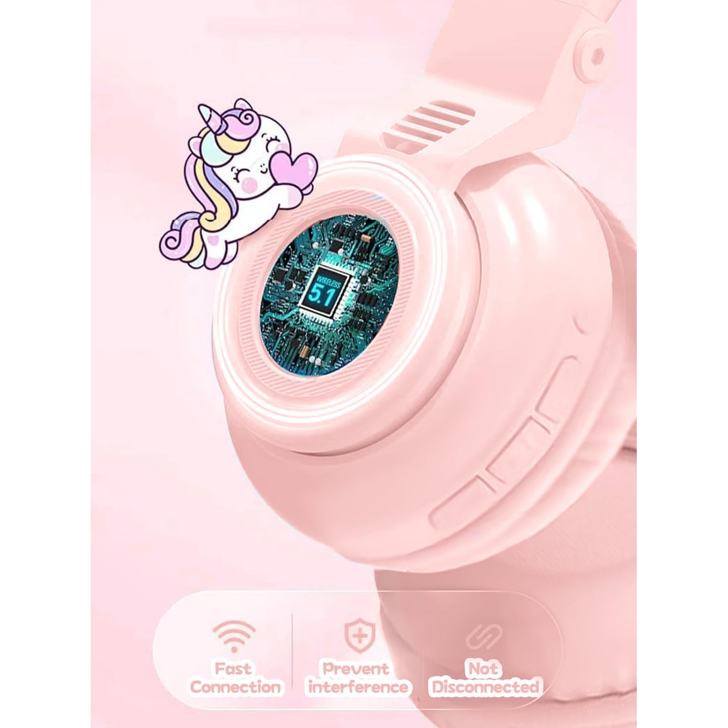 KERHAND Unicorn Kids Bluetooth Headphones, Wireless, Safe Volume, LED, Pink