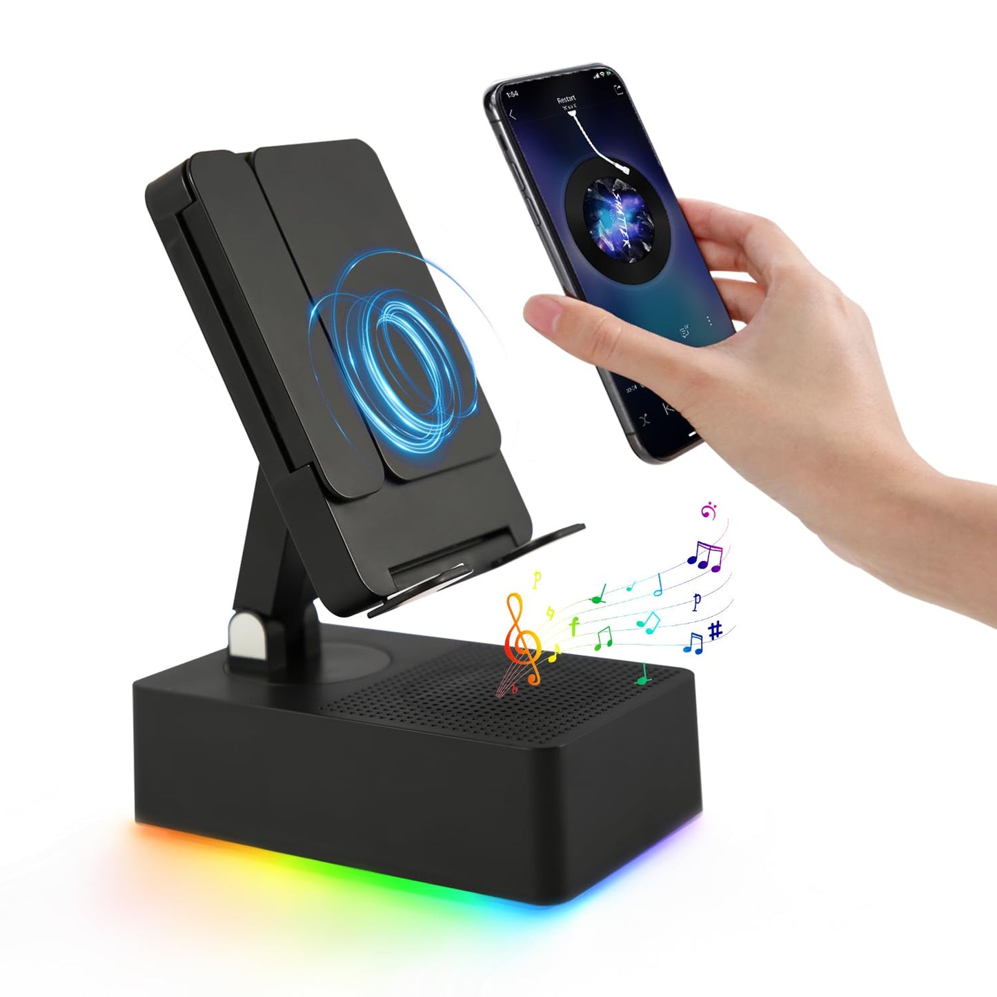 TuneEIf Wireless Induction Bluetooth Speaker, 5-in-1 Foldable Phone Holder, 1500mAh Emergency Charging, Colorful LED Ambient Light, Tech Gadgets Gifts