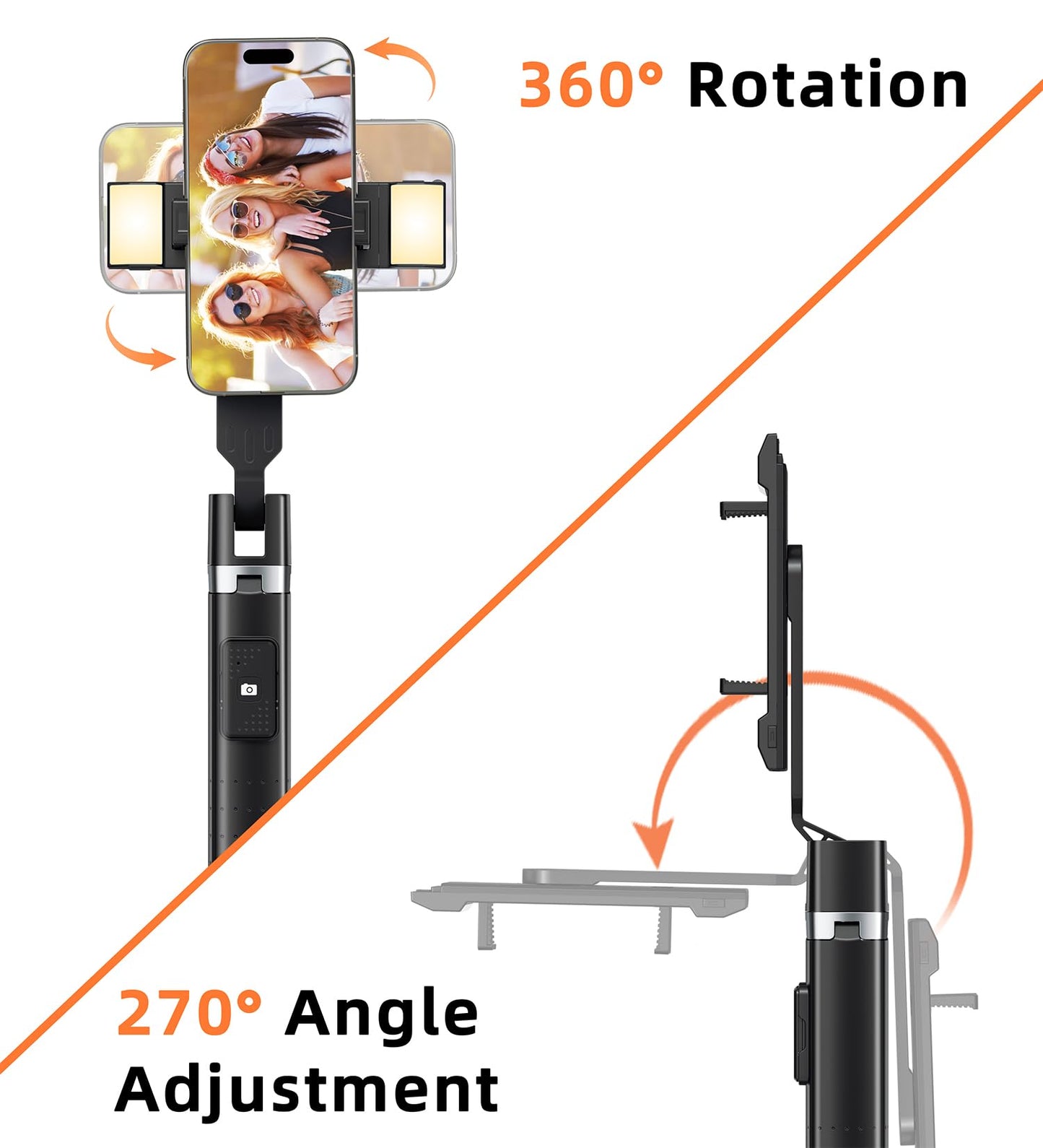 Selfie Stick Tripod for iPhone & Android, Phone Tripod Stand with Wireless Remote, 41" Extendable, 2 Rechargeable LED Fill Lights, Stainless Steel, 3