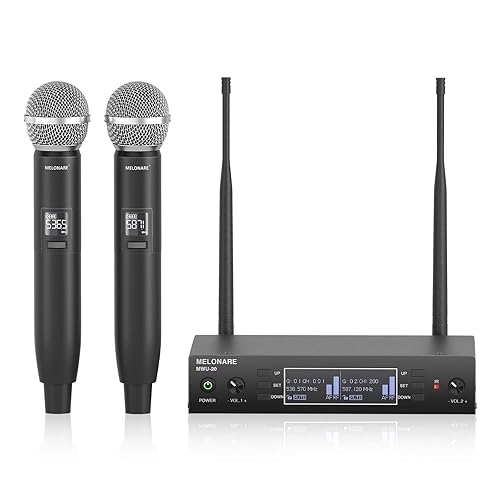 Dual Channel Wireless Microphone System, MELONARE Auto-Scan Professional Cordless Dynamic Mic Set, 260ft Range, 2x100 UHF Metal Wireless Mic for