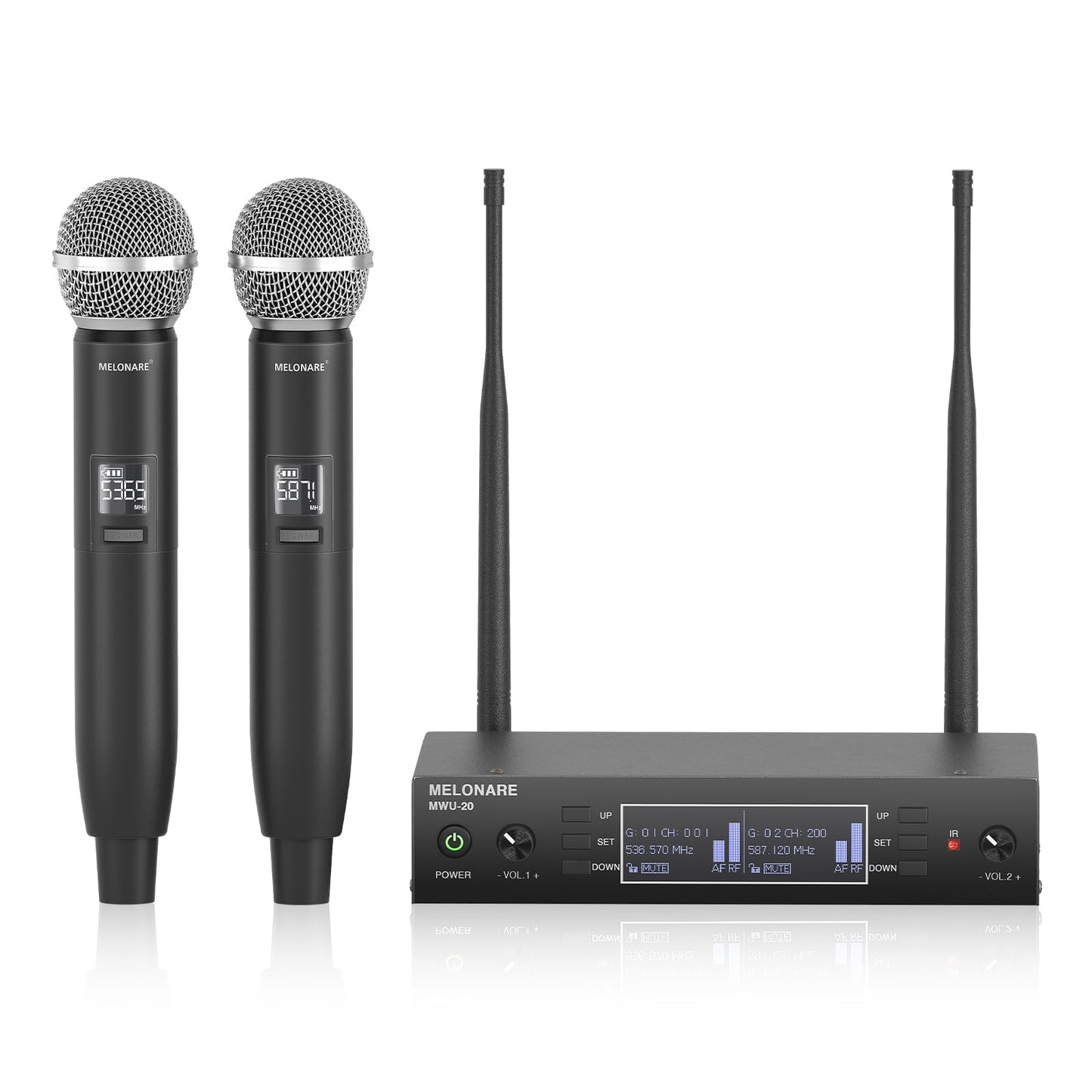 Dual Channel Wireless Microphone System, MELONARE Auto-Scan Professional Cordless Dynamic Mic Set, 260ft Range, 2x100 UHF Metal Wireless Mic for