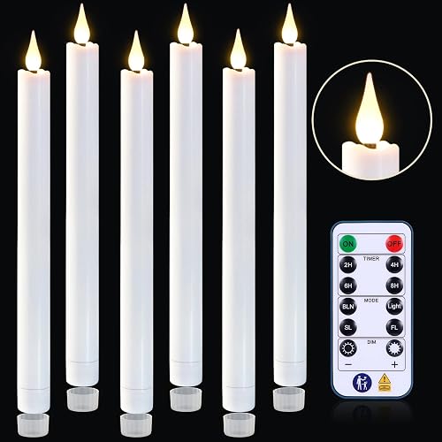 yunsheng 11 Inches Flameless Taper Candles Flickering with Remote & Timer, Set of 6 Battery Operated LED Window Candles, White Plastic LED Candlestick