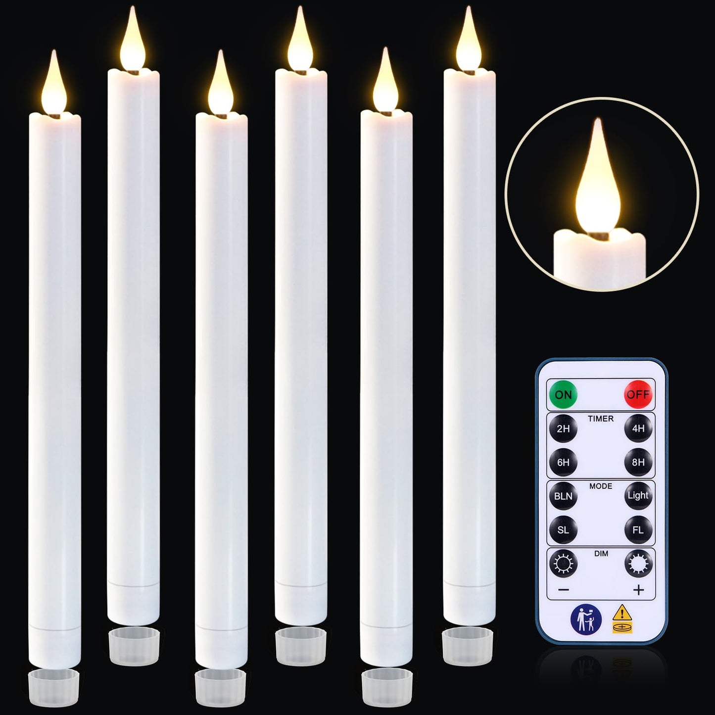 yunsheng 11 Inches Flameless Taper Candles Flickering with Remote & Timer, Set of 6 Battery Operated LED Window Candles, White Plastic LED Candlestick