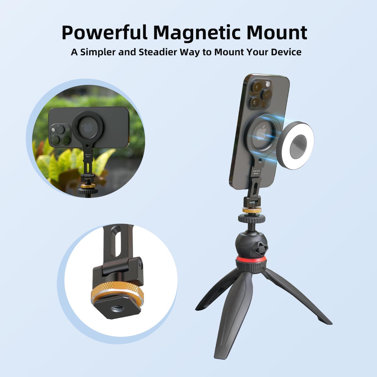 Magnetic Phone Tripod Mount,1/4" Thread Cold Shoe 360° Rotation,Compatible with iPhone16 15 14 13 12 Pro All Series,Magnetic Ring Tripod Mount Adapter