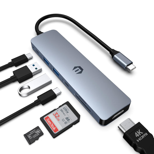 USB C HUB, Tymyp 7 in 1 Hub Adapter, HDMI Output, 100W Power Delivery, USB C 3.0, Dual USB 3.0 Ports, SD and Micro SD Card Reader, Ideal for USB C