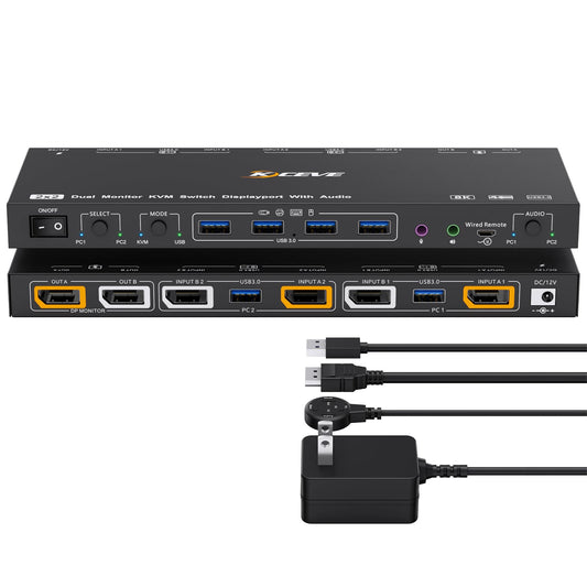 KVM/USB Mode KVM Switch 2 Monitors 2 Computers with Audio, ANXQQ 8K@30Hz 4K@144Hz USB 3.0 Dual Monitor KVM Switch Displayport, Share 4 USB Devices