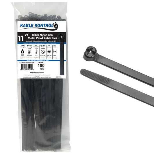 Kable Kontrol Cable Ties with Metal Tooth, 11 Inch 100 Pcs, 120 Lbs Tensile Strength, Metal Pawl, Stainless Steel Toothed Self-Locking Device, UV
