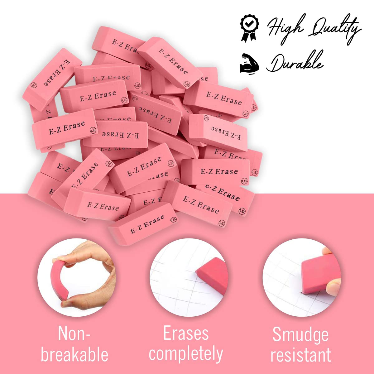 Pink Erasers, 60 Count Rectangular Eraser Bulk Pack, Latex Free Pink Pearl Erasers for School Supplies, Art and Office