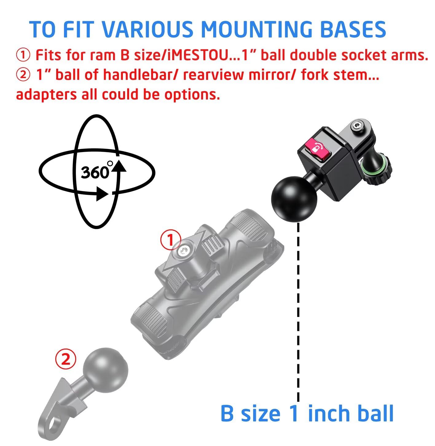iMESTOU Action Camera Riding Mount with Three-Claw Joint for Gopro Motion Cameras, 1“ Ball Head 360° Adjustable Fits for RAM 1" Ball Bike Phone Mounts