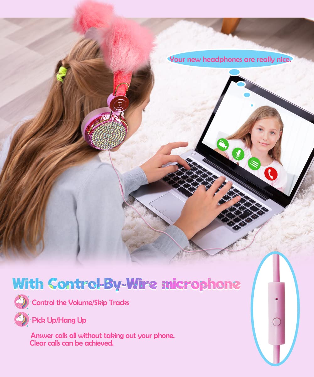 SVYHUOK Girls Pink Pompon Wired Headphones,Cute Cat Ear Kids Game Headset for Teens Tablet Laptop PC,Over Ear Children Headset withMic,for School…