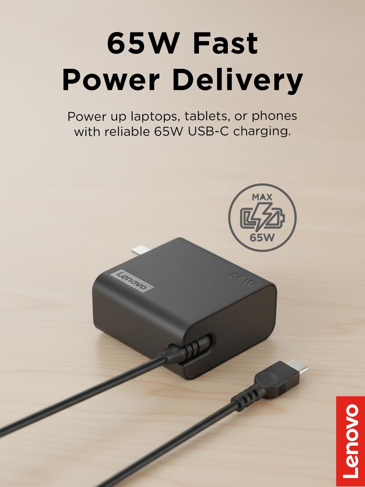 Lenovo USB-C 65W Wall Charger - PD 3.0 - Power Adapter for Laptop, Tablet, Notebook, USB-C Compatible Devices - Slim, Light and Portable with 6.5 Foot