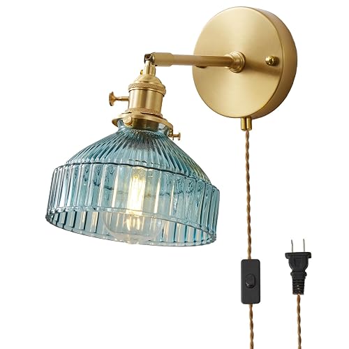 YJQHXY Plug in Modern Minimalist Handcrafted Glass Wall Sconce with Adjustable Brass Socket Adjustable Wall Lamp with Cable 180 Degree Up and Down