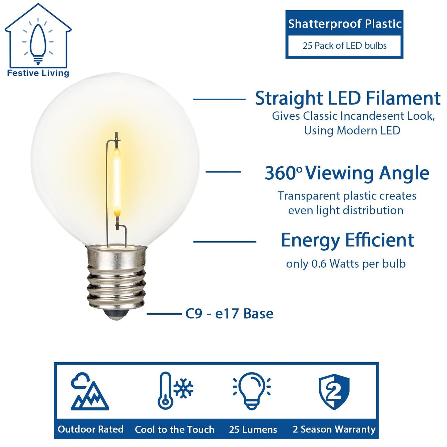Festive Living 25 Pack G50 Shatterproof Warm White LED Replacement Bulbs
