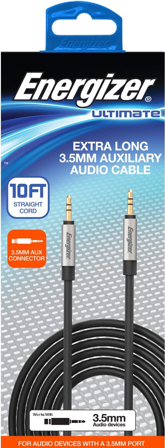Energizer Premier Accessory Group Ultimate AUX Cord 3.5mm Metal Tip, Black (10 Feet)