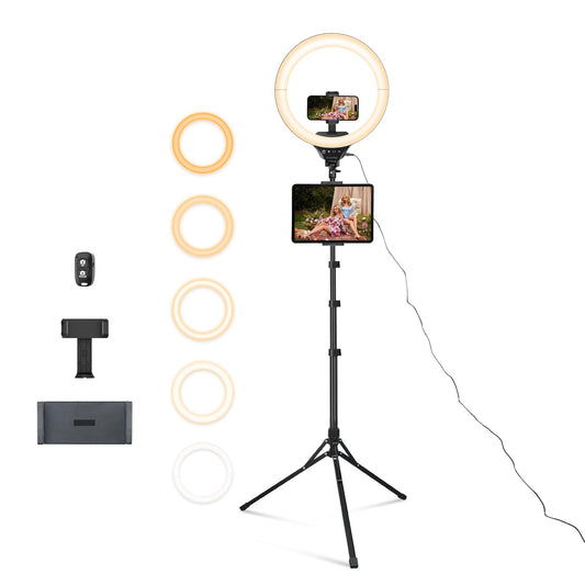 Aureday 14inch iPad Ring Light with Tripod Stand, 62inch Selfie Tripod Light Ring with Phone&Tablet Holder for Recording, 20W LED Circle Light