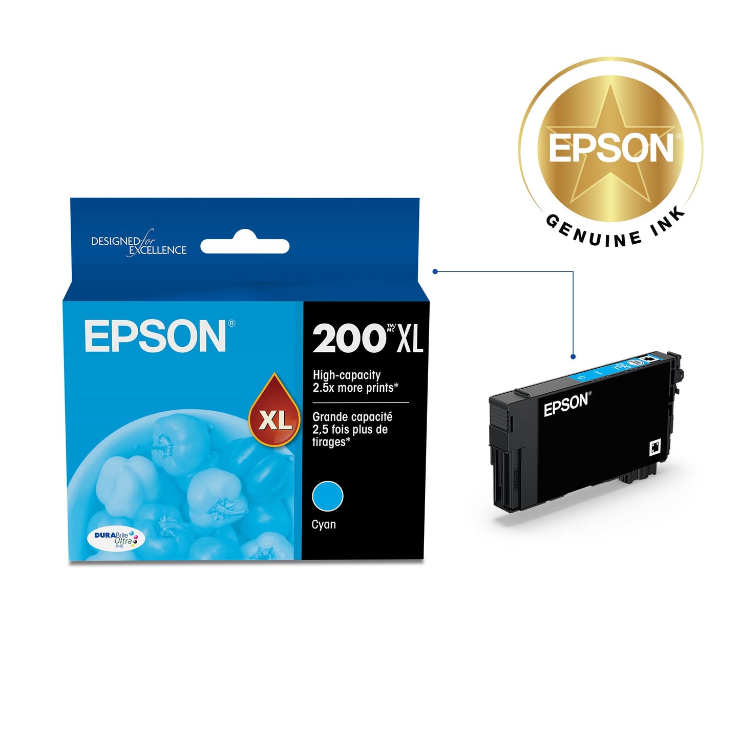 EPSON 200 DURABrite Ultra Ink High Capacity Cyan Cartridge (T200XL220-S) Works with WorkForce WF-2520, 2530, 2540, Expression XP-200, 300, 310, 400