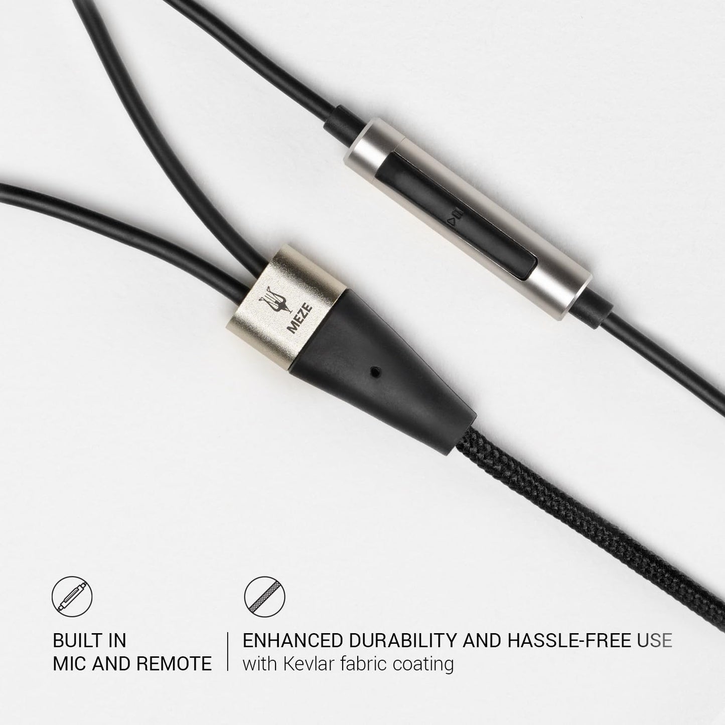 MEZE AUDIO | 1.2m Cable with Mic & Remote for 99 Classics Walnut Silver | 3.5mm Male to Dual TS Mono 3.5mm Male Connector Plug | Kevlar Reinforced
