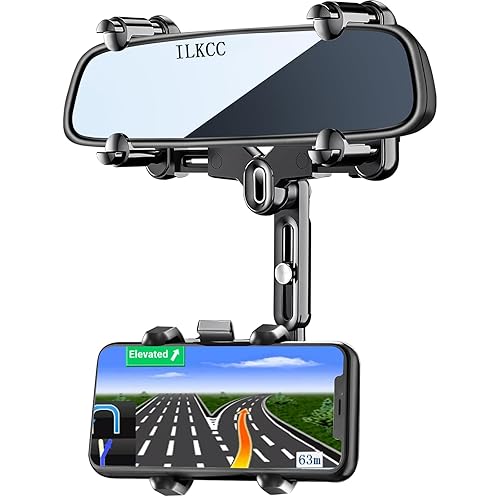 ILKCC Rearview Mirror Phone Holder for Car, 360° Rotating and Retractable Multifunctional Rear View Phone Mount, Upgraded Four Corners Fixed