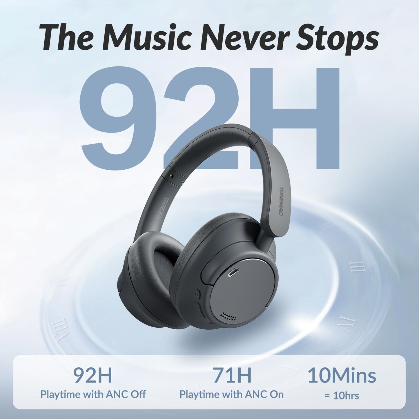 TONEMAC H7Pro Bluetooth Headphones with -45dB Hybrid Active Noise Cancelling, 80H Playtime Wireless Over-Ear Headphones, Immersive Deep Bass Stereo…