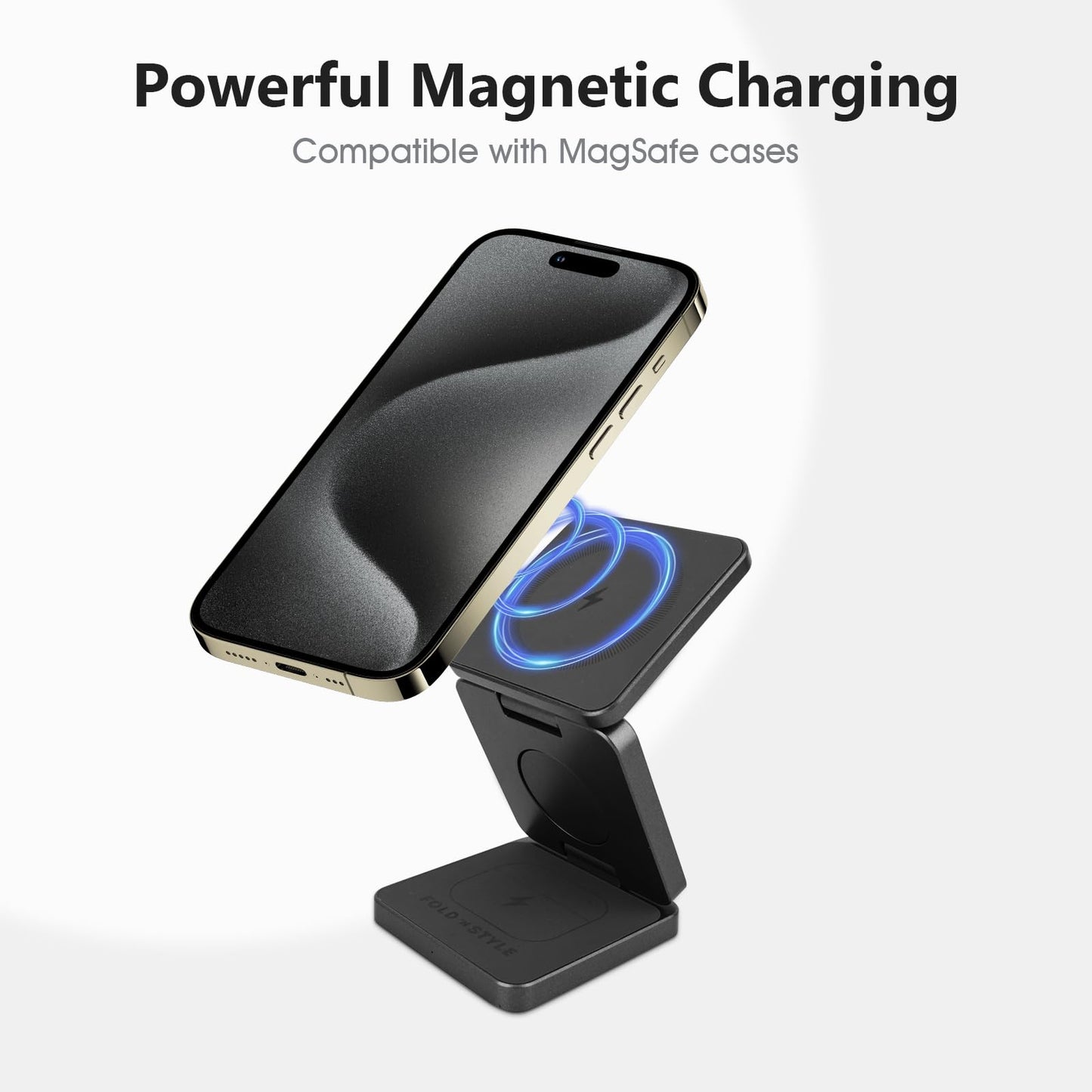 Fold 'N Style 3-in-1 Foldable Magnetic Wireless Charging Stand, 15W Fast Charger Compatible with iPhone 15/14/13/12 Pro/Max/Plus, Apple Watch