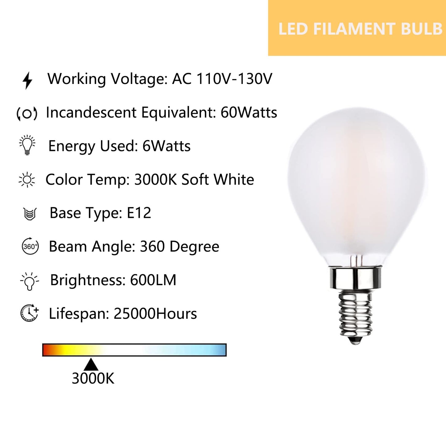 Sunaiony E12 LED Bulb 60W Equivalent Dimmable Candelabra Light Bulbs 3000K