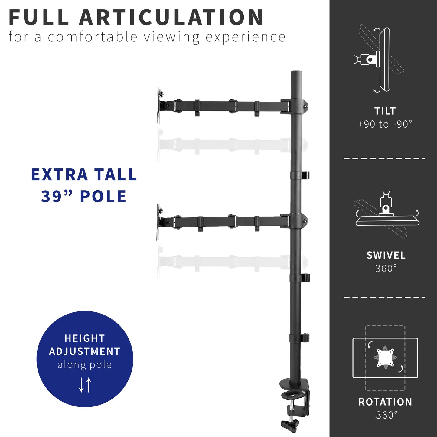 VIVO Extra Tall Vertically Stacked Dual Monitor Desk Mount Stand with 39 inch Stand-up Pole, Fully Adjustable Extended Arms, Fits 2 Screens up to 27