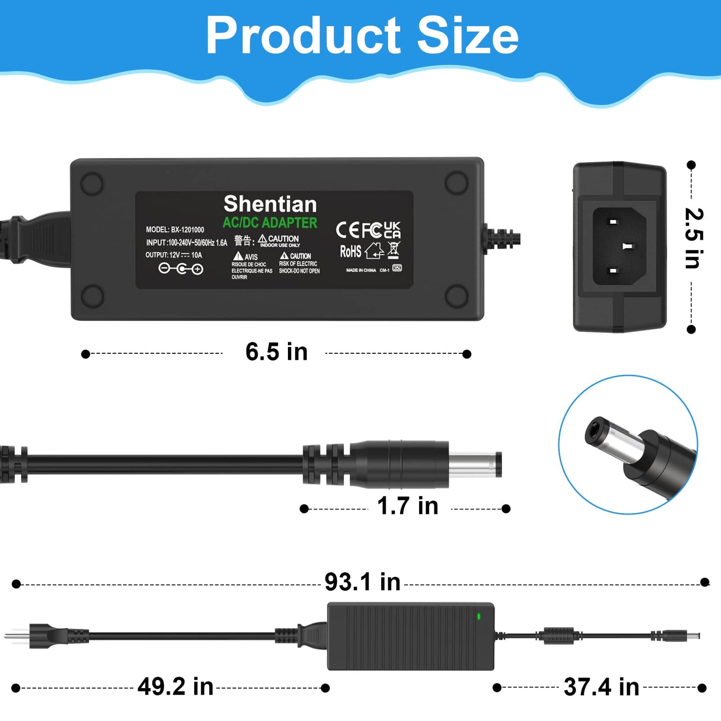 Shentian 100-240V Main to 12V Charger Socket,AC/DC Converter,Power Adapter (12V/10A)