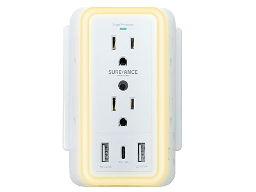 Multi Plug Wall Outlet, SUREANCE 6-Outlet Extender with Night Light, 3 USB Ports, 3-Sided Power Strip with Adapter Spaced Outlets,1050J Wall Charger