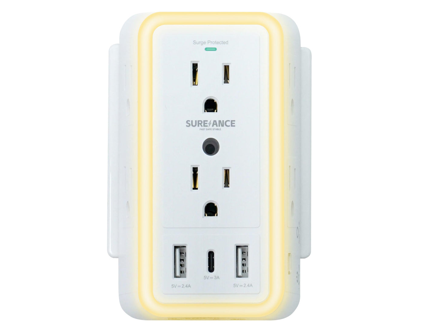 Multi Plug Wall Outlet, SUREANCE 6-Outlet Extender with Night Light, 3 USB Ports, 3-Sided Power Strip with Adapter Spaced Outlets,1050J Wall Charger