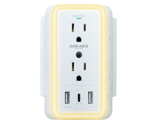 Multi Plug Wall Outlet, SUREANCE 6-Outlet Extender with Night Light, 3 USB Ports, 3-Sided Power Strip with Adapter Spaced Outlets,1050J Wall Charger