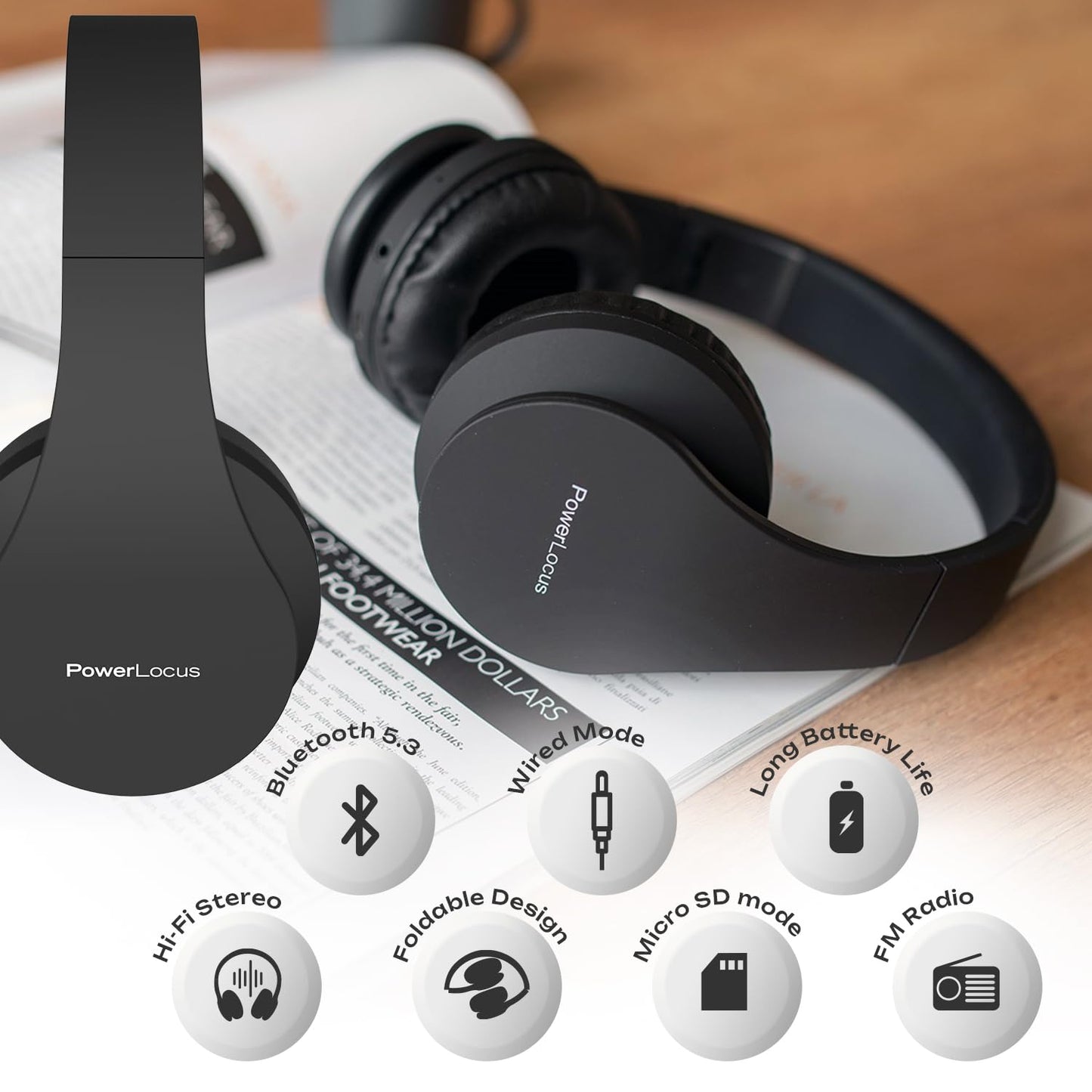 PowerLocus Wireless Bluetooth Over-Ear Stereo Foldable Headphones, Wired Headsets Rechargeable with Built-in Microphone for iPhone, Samsung, LG, iPad…