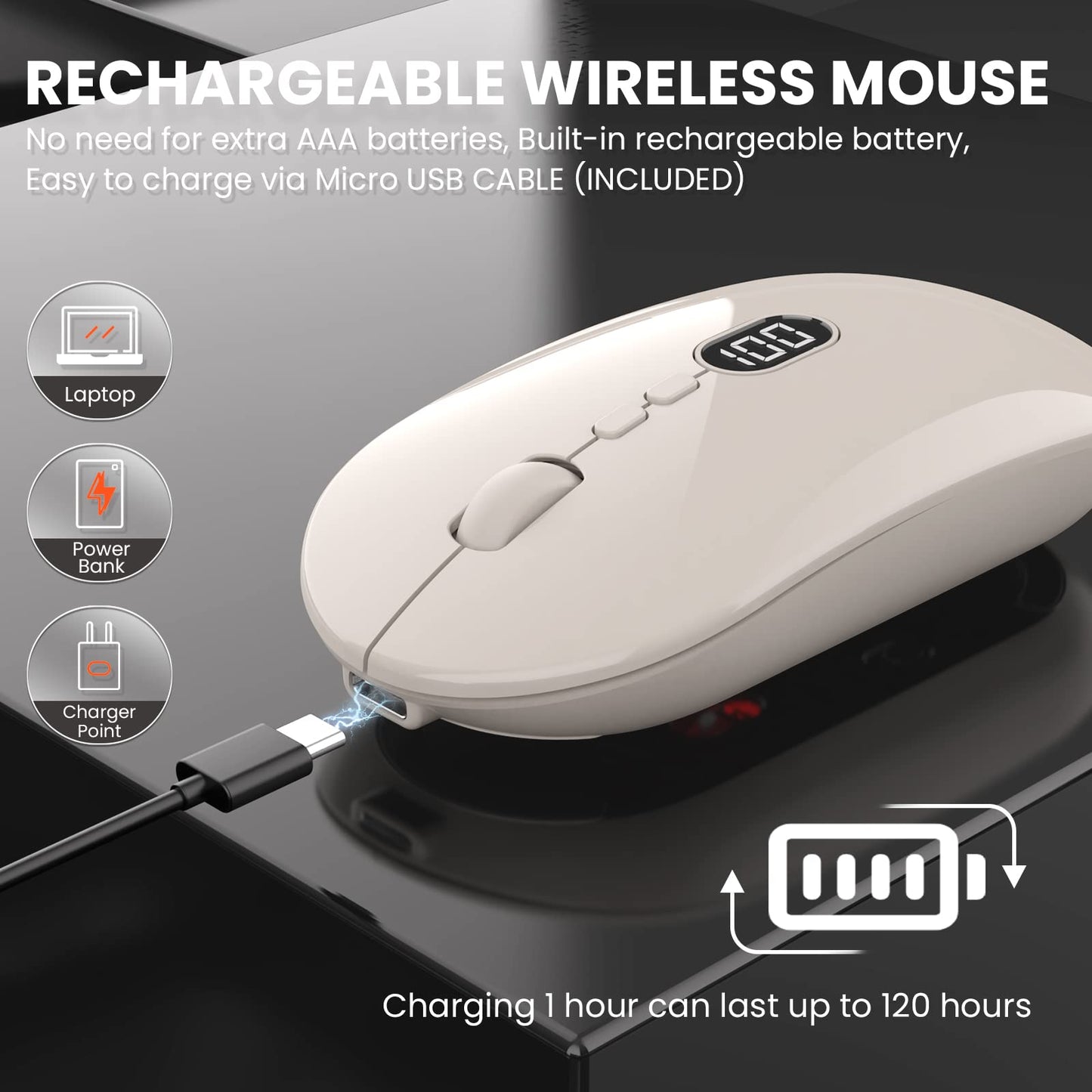 MAGIC-REFINER X1 Wireless Computer Mouse for Laptop with Battery Level Visible, 2.4G Portable Ultra Slim USB Mouse, Silent Click 1600 DPI