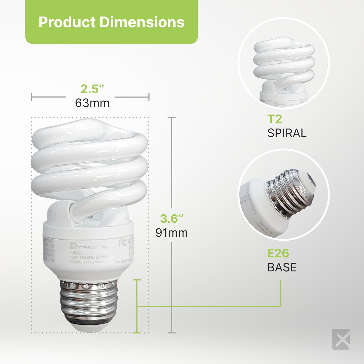 Xtricity Compact Fluorescent Light Bulbs T2 Spiral, E26 Base (2 Pack)
