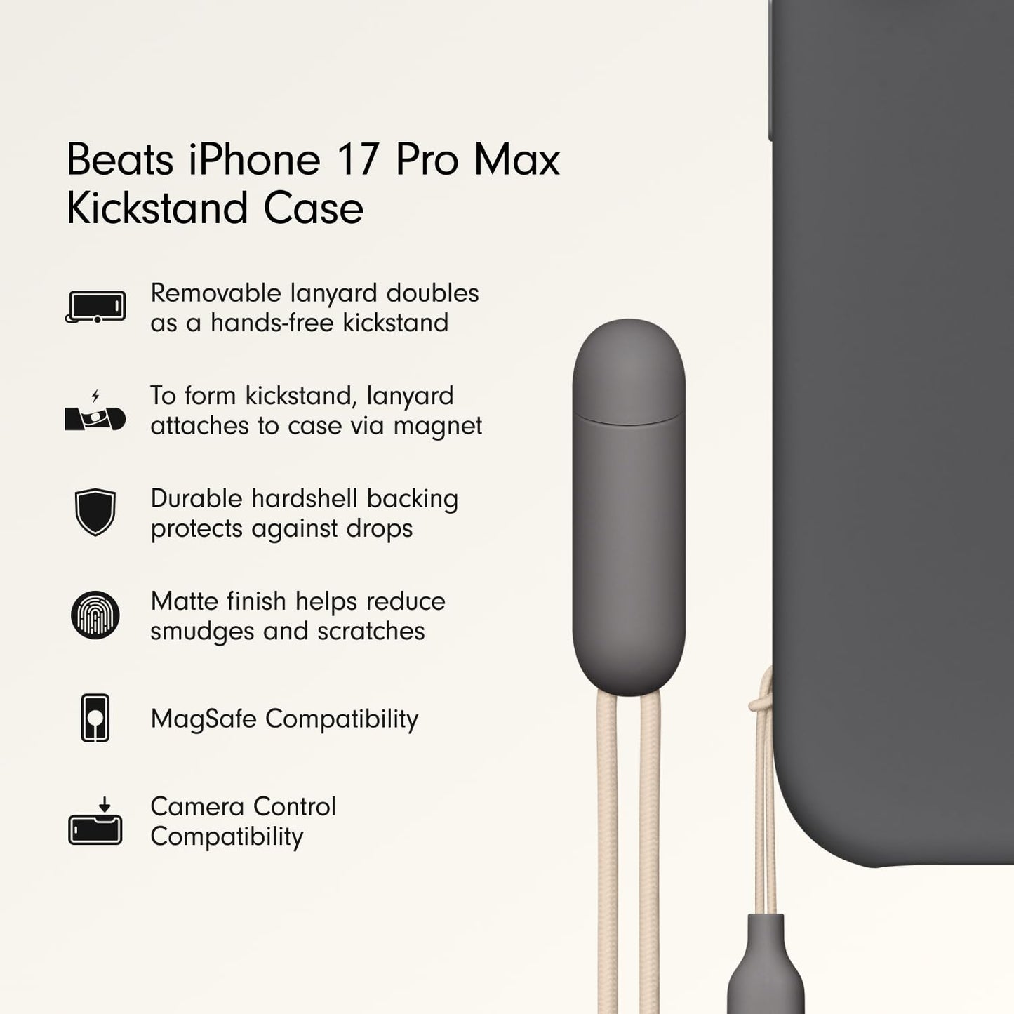Beats iPhone 17 Pro Max Kickstand Case with MagSafe & Camera Control, Built in Stand & Lanyard, Matte Finish with Microfiber Lining - Granite Gray