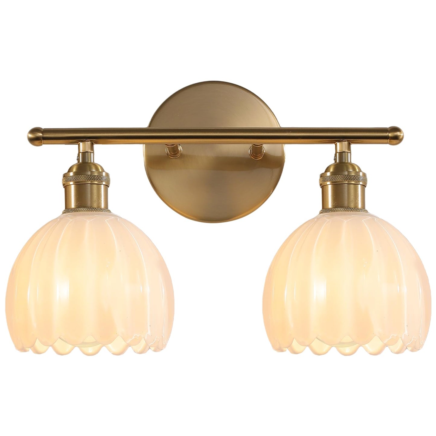 Rnidaipi Bathroom Light Fixtures, 2-Light Vanity Wall Light Over Mirror with White Tulip Glass Shade for Bedroom Living Room, Brass Gold