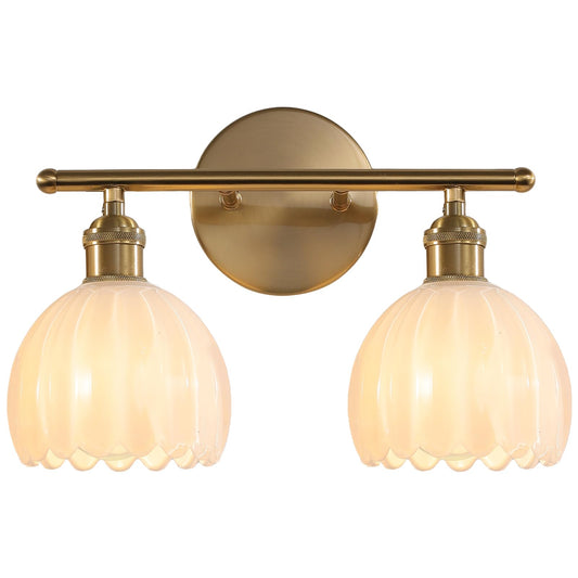 Rnidaipi Bathroom Light Fixtures, 2-Light Vanity Wall Light Over Mirror with White Tulip Glass Shade for Bedroom Living Room, Brass Gold