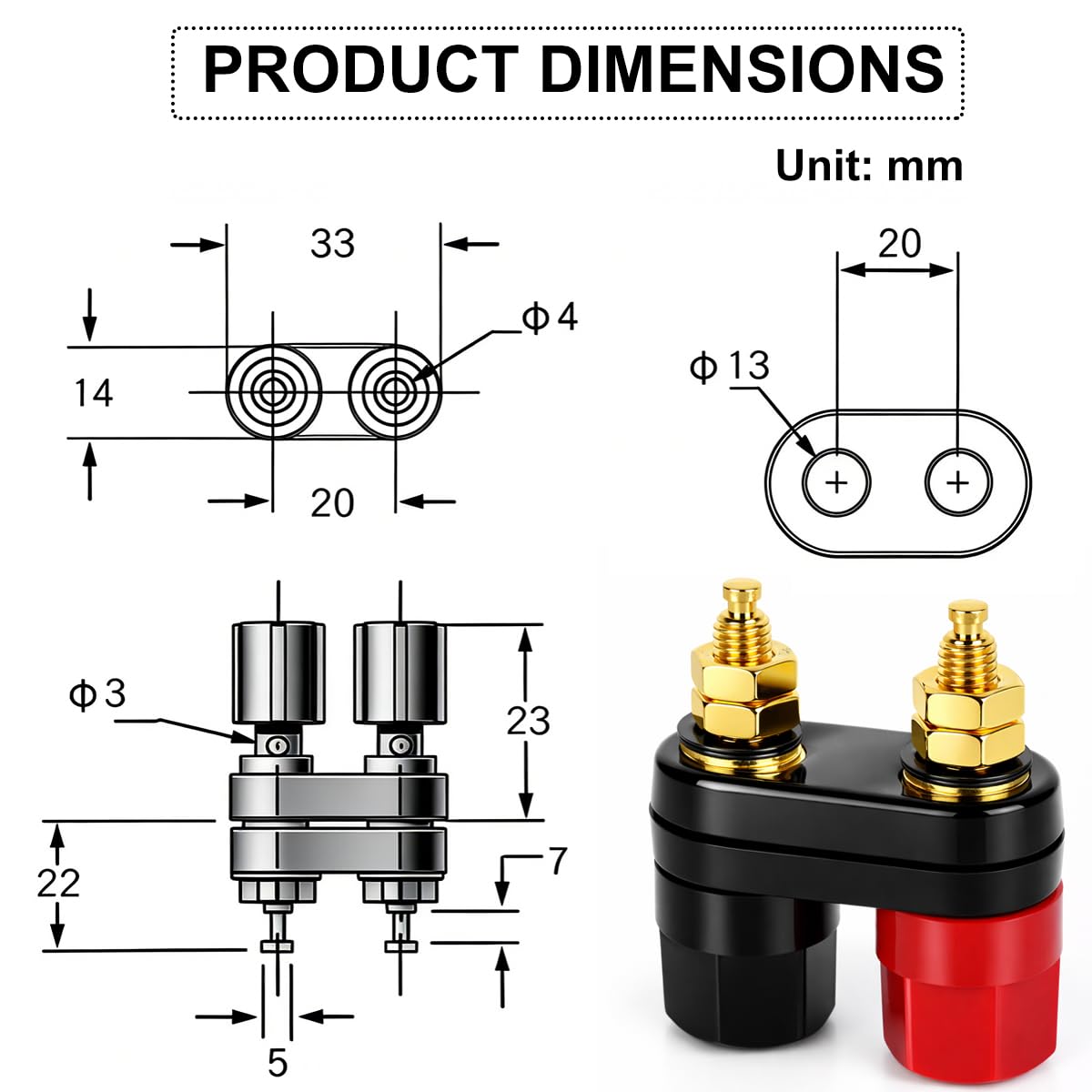 DIYhz 6Pcs M5 Banana Plug Terminal Connector, 4mm Double Banana Jack, 19mm Spacing Amplifier Speaker Terminal, Pure Copper Gold-Plated Audio Binding
