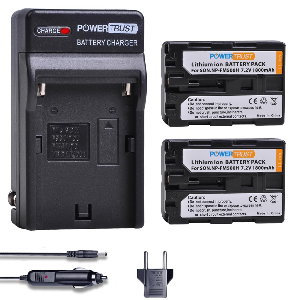 PowerTrust 2-Pack NP-FM500H Battery and Fast Charger for Sony Alpha A58 A57 A65 A77 A99 A900 A700 A580 A560 A550 A850 Batteries