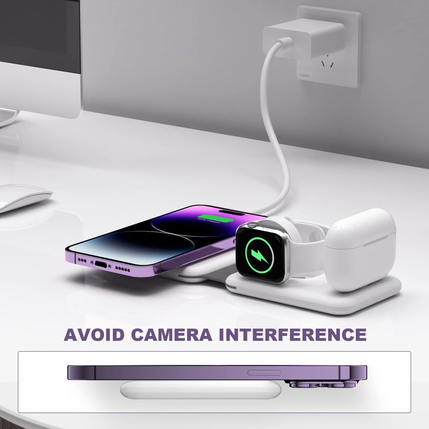 3 in 1 Wireless Charger, Foldable Magnetic Charging Station, Fast Travel Wireless Charging Pad for Multiple Apple Devices, Compatible with iPhone