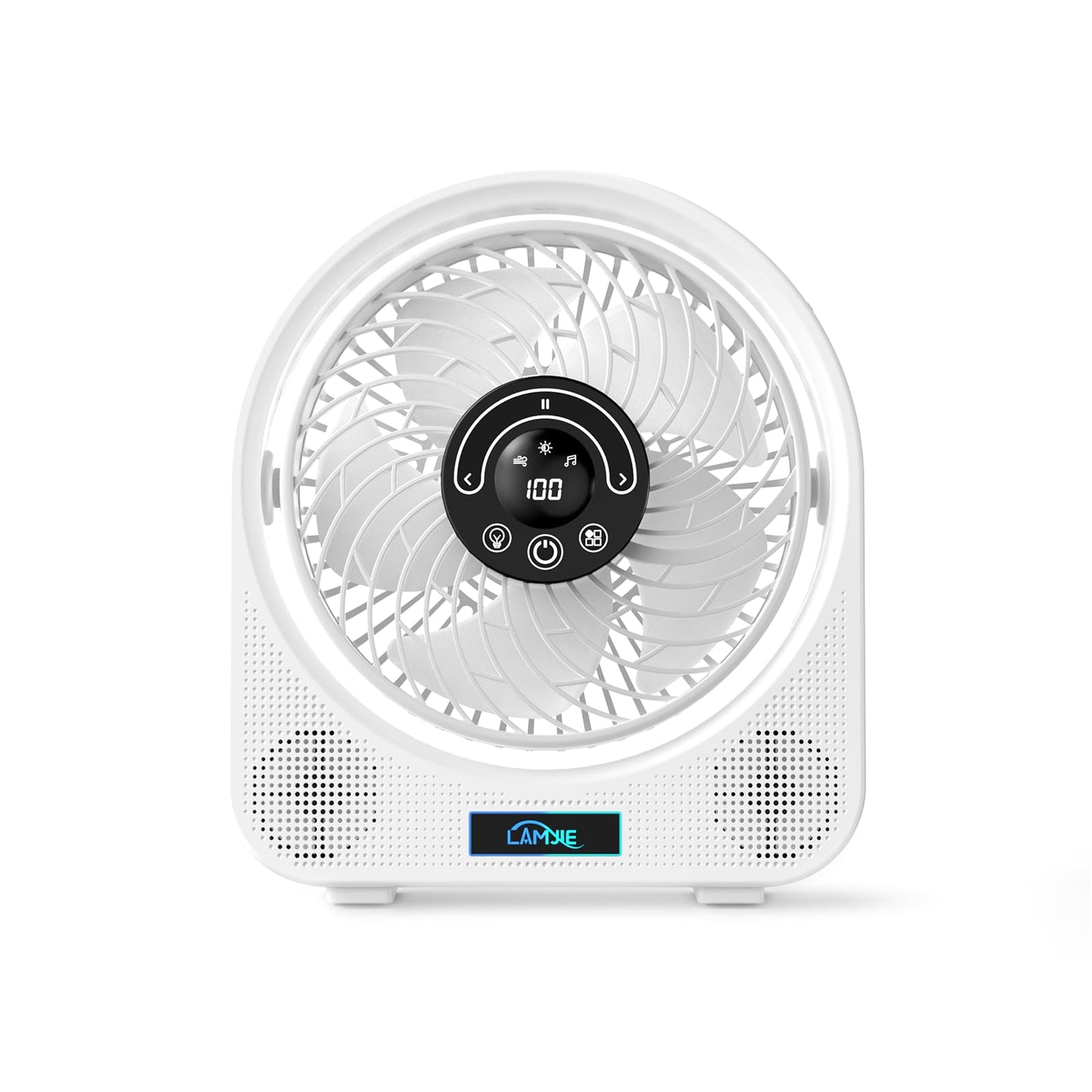 LAMJIE 2-in-1 Desktop Fan with Bluetooth Speaker, White, Powerful Bass, 14 Light Modes, 8-Hour Runtime
