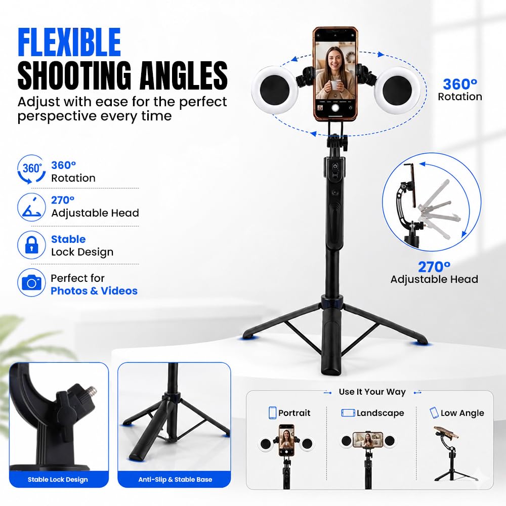 70" Auto Face Tracking Tripod for iPhone with Light, 360° Rotating Selfie Stick for Android with Remote & Gesture Control, Phone Holder Video
